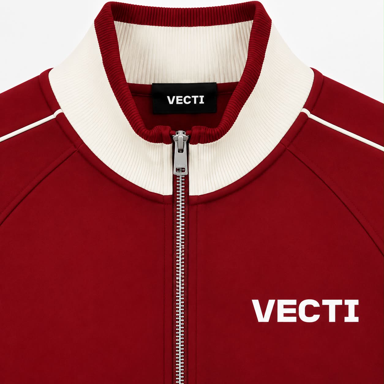 VECTI deep red jacket detail