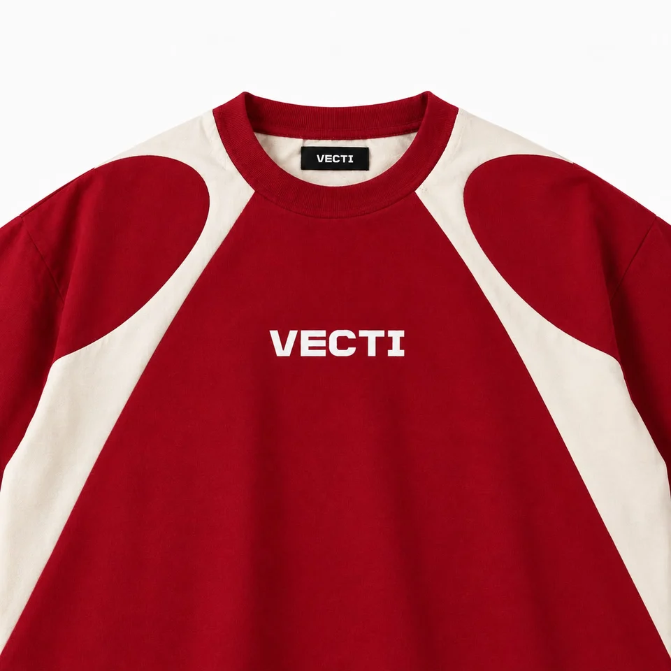 VECTI Signature Raglan — Burgundy/Cream — neckline and branding detail
