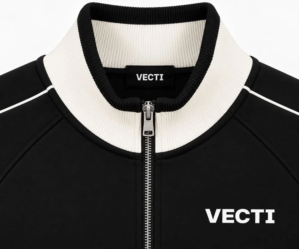 VECTI Track Jacket — Black — collar and branding detail